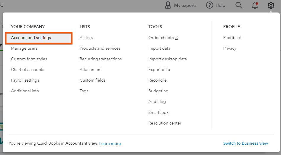 Screen in QuickBooks where you can navigate to the Account and settings page.