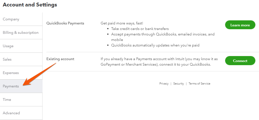 Screen in QuickBooks where you can navigate to the Payments settings window.