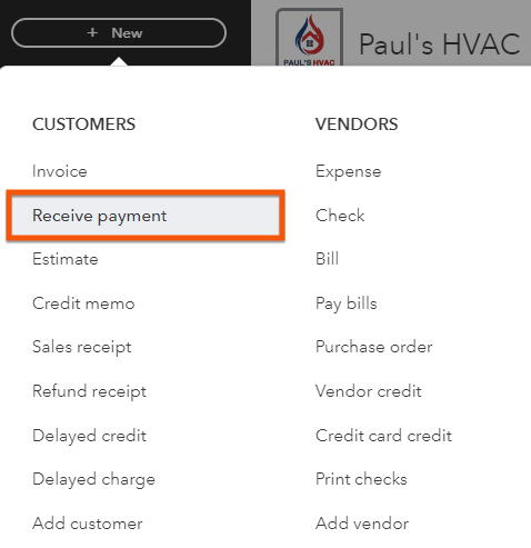 Screen in QuickBooks where you can navigate to the Receive payment screen.