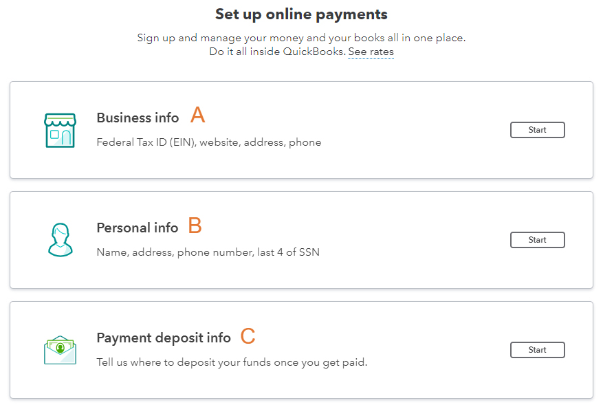 Screen in QuickBooks Online where you can set up a QuickBooks Payments account.