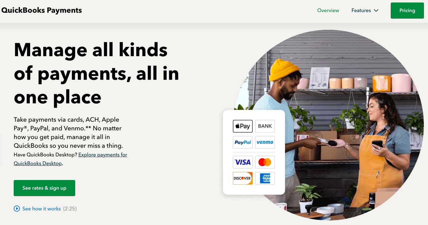 Screen where you can sign up for QuickBooks Payments account.