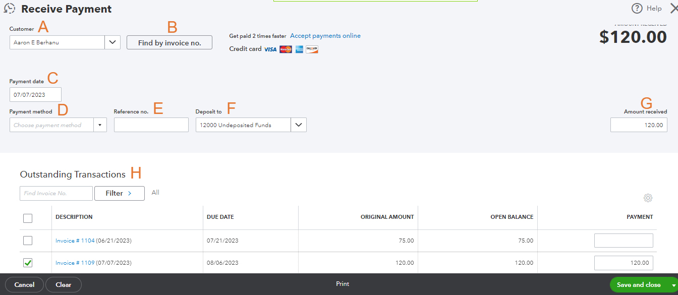 Receive payment screen with labelled parts, such as customer, payment data, and payment method fields.