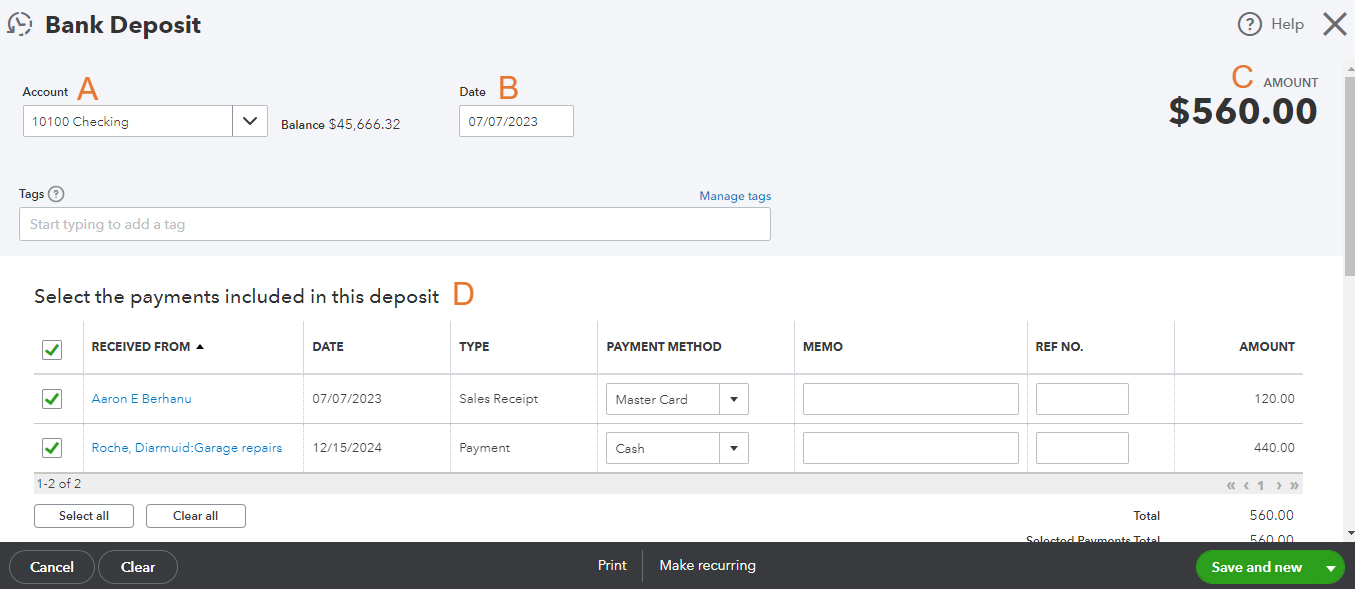 Top section of a screen where you can record a bank deposit in QuickBooks Online.