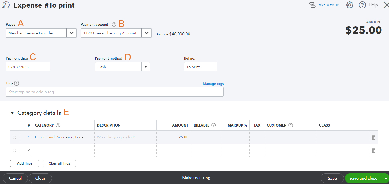 Screen where you can enter a new expense in QuickBooks Online.