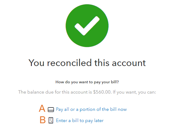 Message from QuickBooks asking whether you want to make a payment towards your credit balance.
