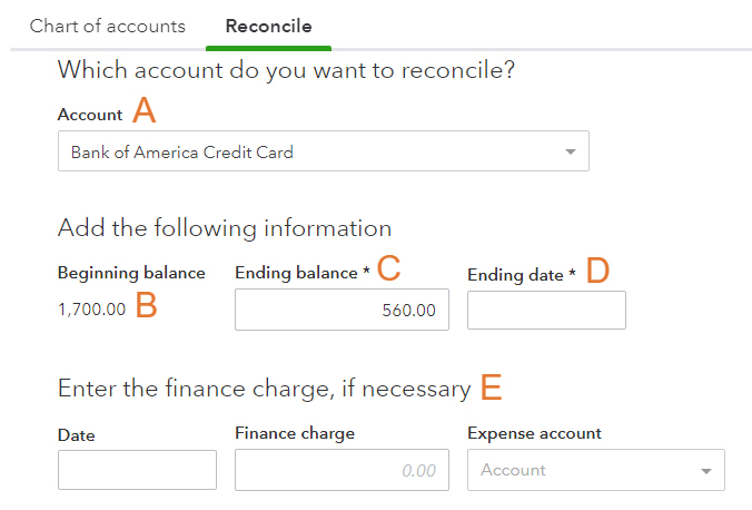 Screen where you can select the credit card to reconcile and enter engine date and balance.