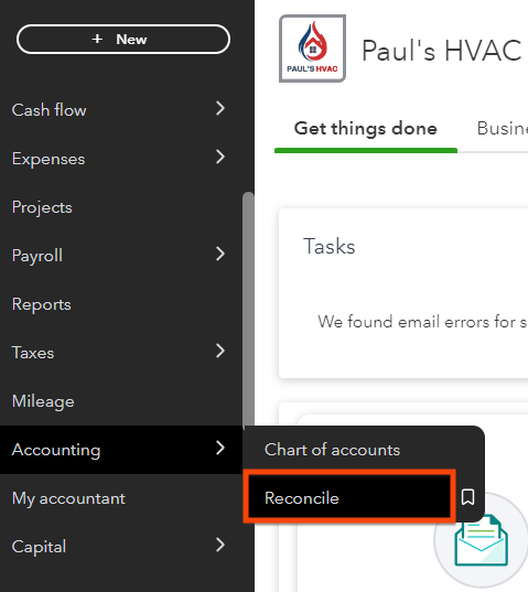 Section in QuickBooks showing how to navigate to the Reconcile screen.