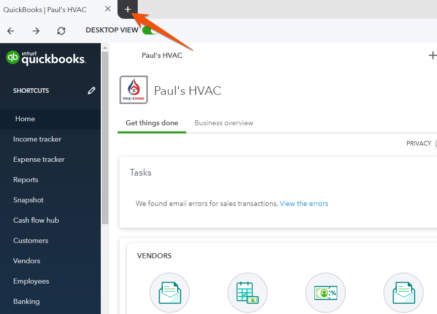 Screen within the QuickBooks Online desktop app highlighting the + button to open a new tab.