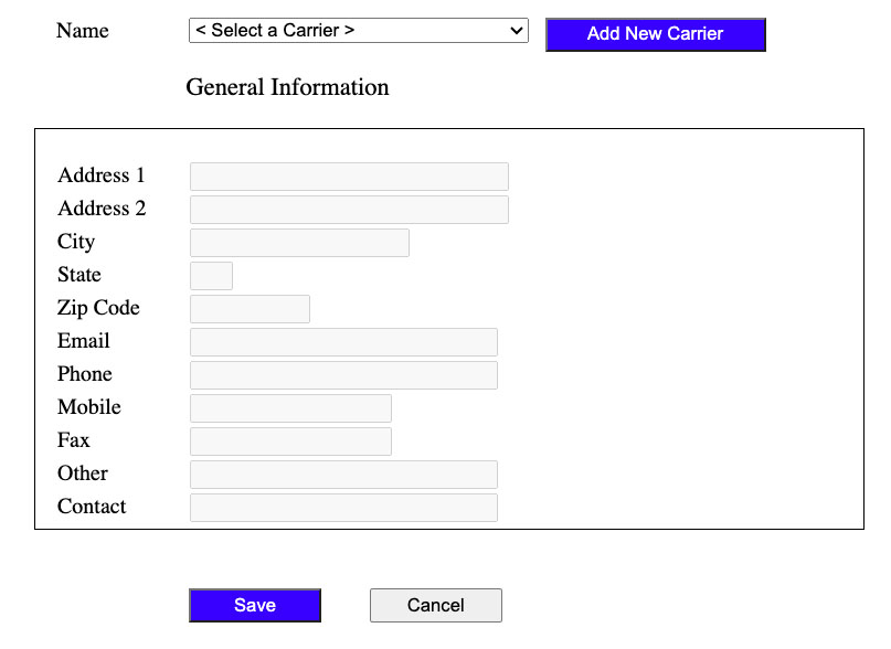 Screen where you can add a new carrier in RAMA Logistics Software.