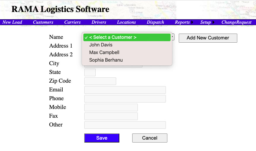 Screen where you can add a new customer in RAMA Logistics Software.