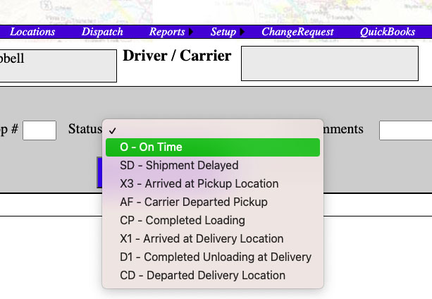 Available status codes in RAMA Logistics Sofware, including O-On Time and SD-Shipment Delayed.
