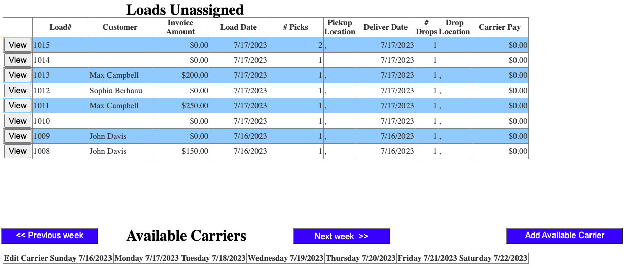 Screen where you can track loads unassigned in RAMA Logistics Software.