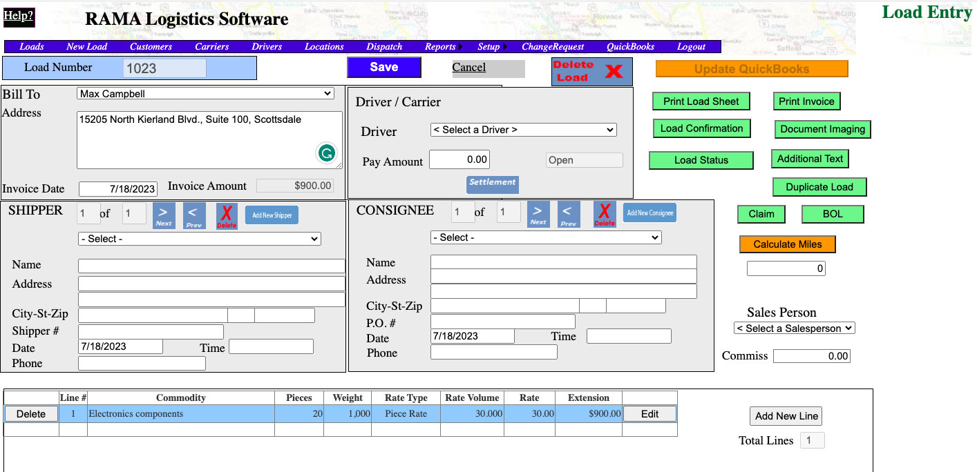 Load entry form in RAMA Logistics Software with the Update QuickBooks button.