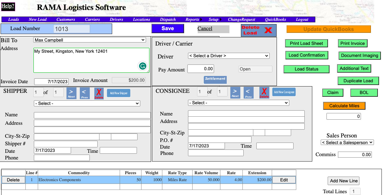 Screen where you can add a new load in RAMA Logistics Software.