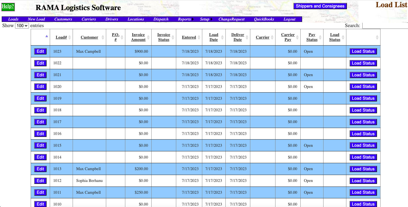 Screen where you can see the list of your loads in RAMA Logistics Software.
