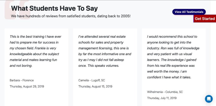 Real Estate School for Success’s home page showing student testimonials.