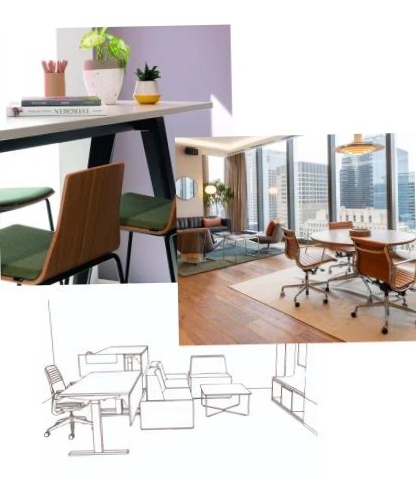 A work desk, an office space that has floor-to-ceiling windows, tables, and chairs, and a sketch of an office space.