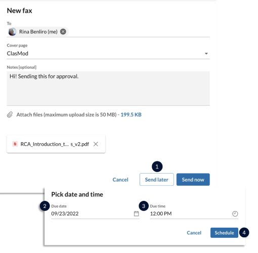 A screenshot of how to schedule a new fax with RingCentral Fax.