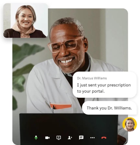 Virtual health consultation using RingCentral's app with pop-ups of patient chats.
