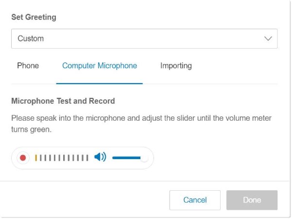 A screenshot of how to start recording your greeting via your RingCentral online account.