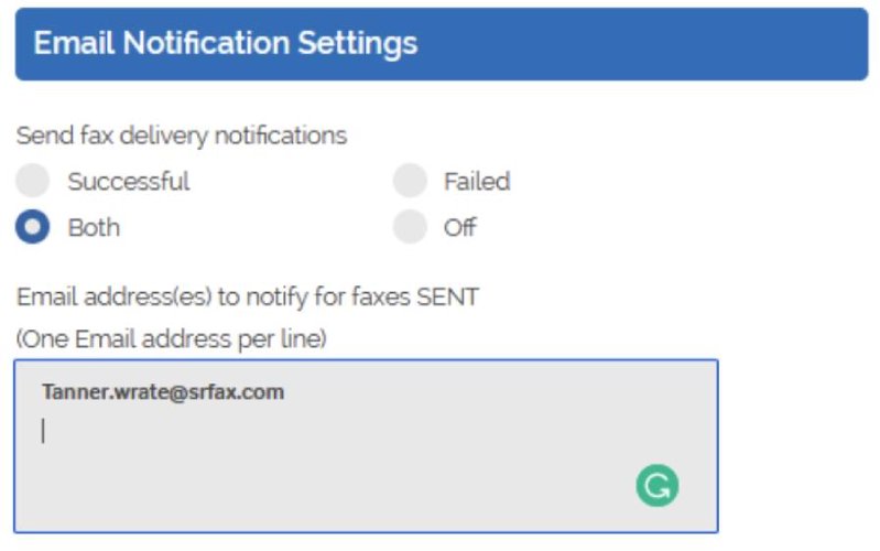 A screenshot of how to configure email notification settings with SRFax.