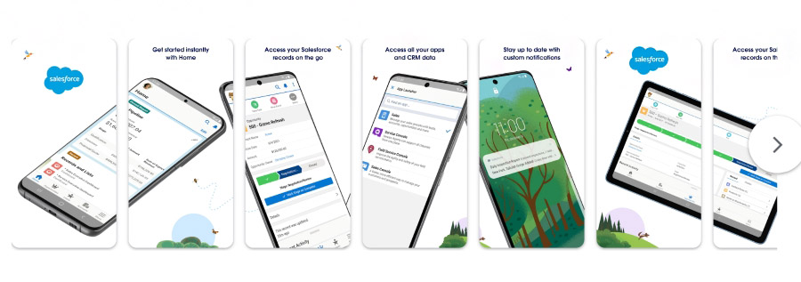 Several mobile devices showing the Salesforce mobile app onscreen.
