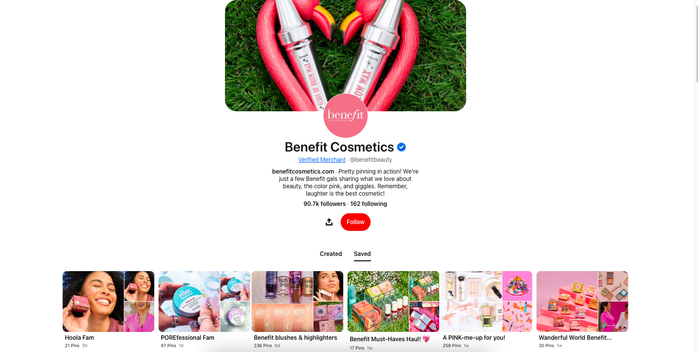 Sample business Pinterest profile from a cosmetics brand.