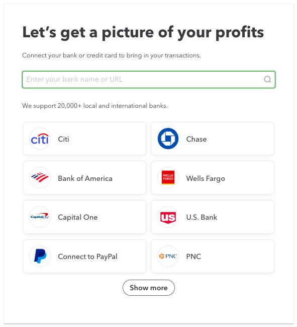 Screen where you can select the credit card to connect to QuickBooks Online