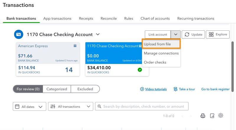 Screen where you can manually upload credit card transactions into QuickBooks