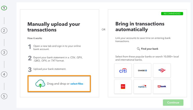 Screen where you can drag and drop files to import credit card transactions into QuickBooks