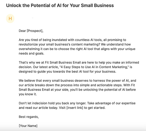 Smart Copy sample ai-generated email.
