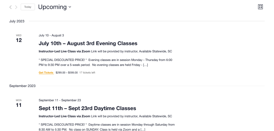 A page from South Carolina Real Estate School’s website that shows the schedule of the upcoming statewide live Zoom classes.