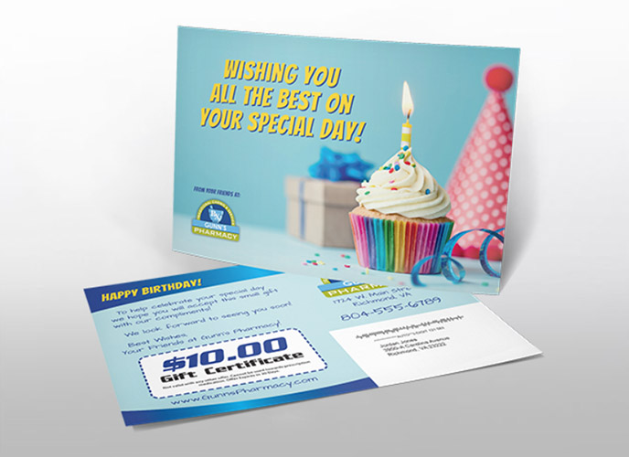 Sample birthday direct mail campaign offering a $10 gift certificate.
