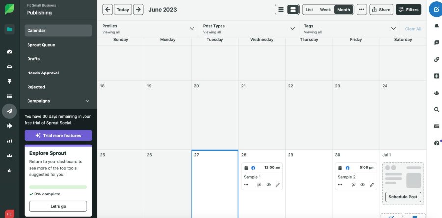 Sprout Social content social media scheduler in free trial.
