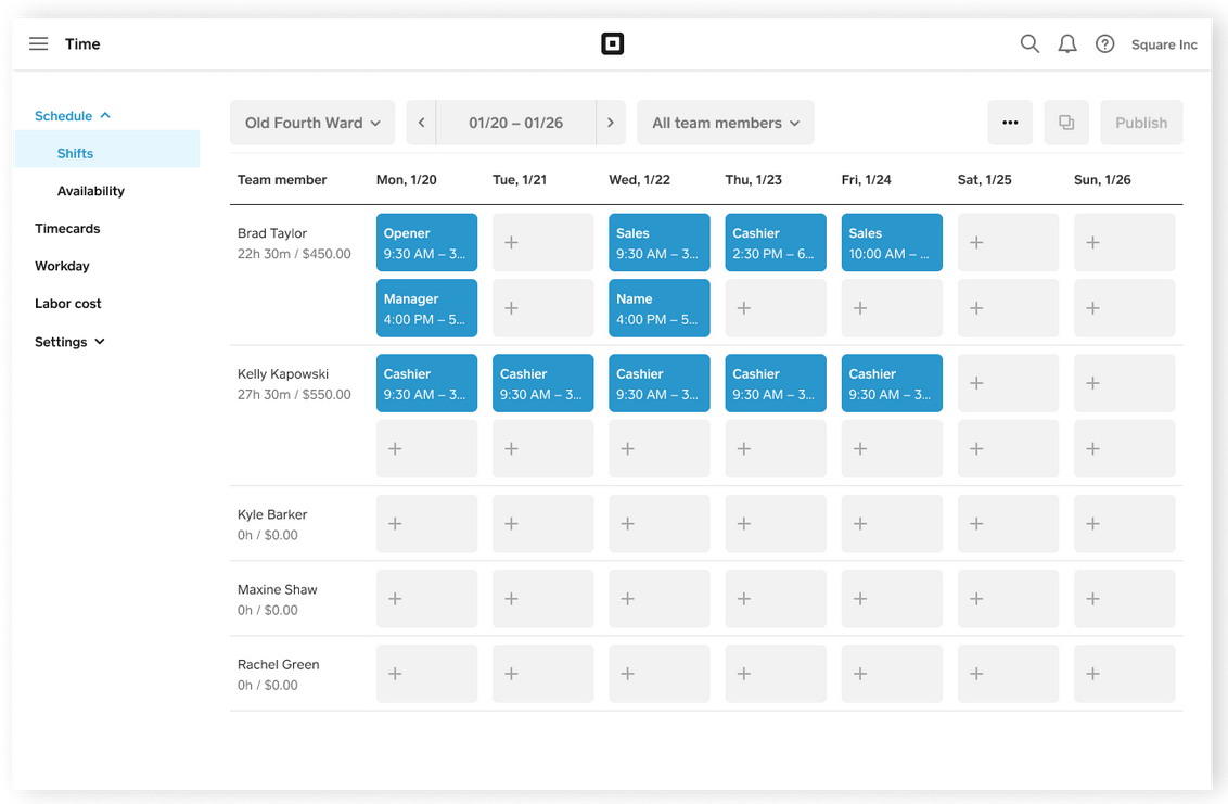 Square Appointments team management scheduling page.