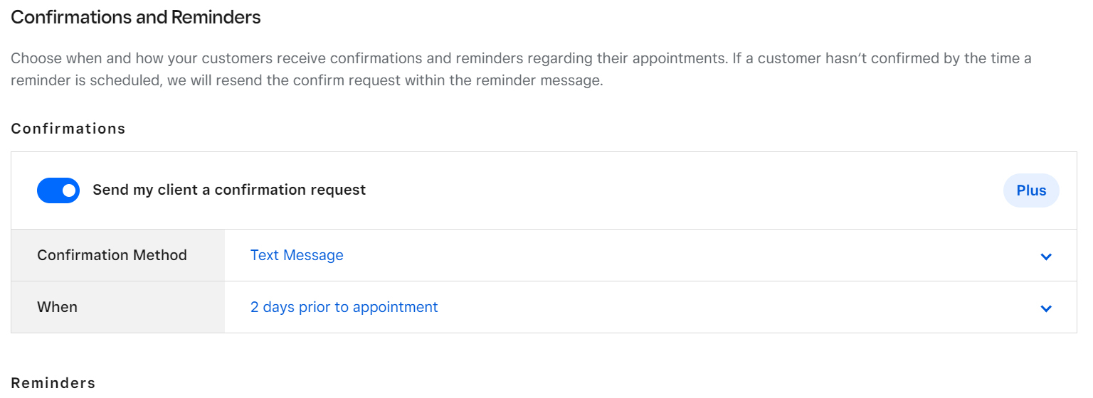 Square Appointments confirmations and reminders settings page.
