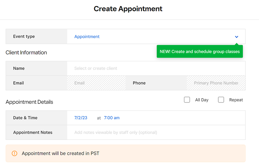 Square Appointments create appointment page from calendar.