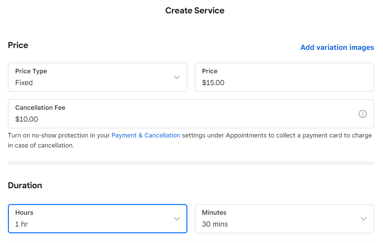 Square Appointments create service page with customization options.