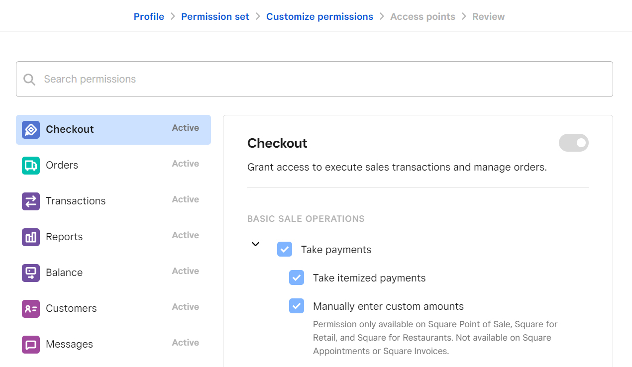 Square Appointments customize permissions screen with settings.