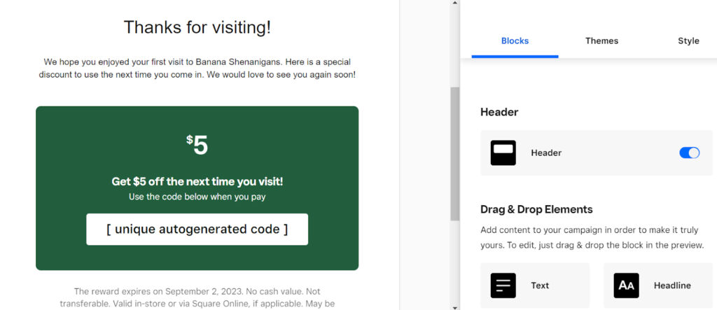 Square email marketing template design screen.