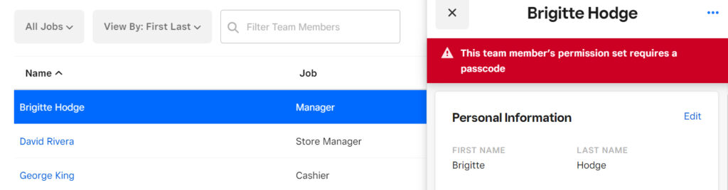 Square passcode notice for changing permissions.