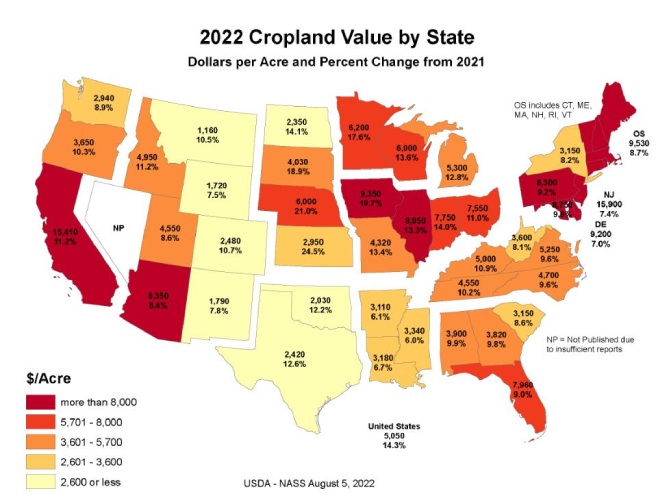 State map showing the value of cropland from 2021 to 2022.