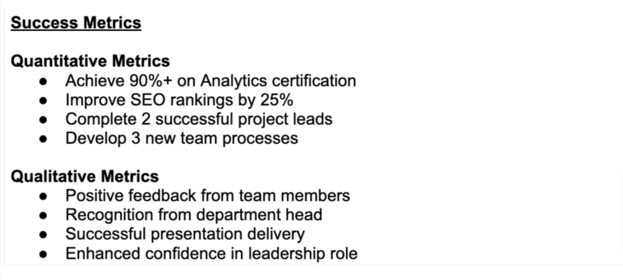 Success metrics shows how the success of each goals will be measured