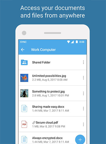 Mobile device showing folders and files on a Sync.com app.