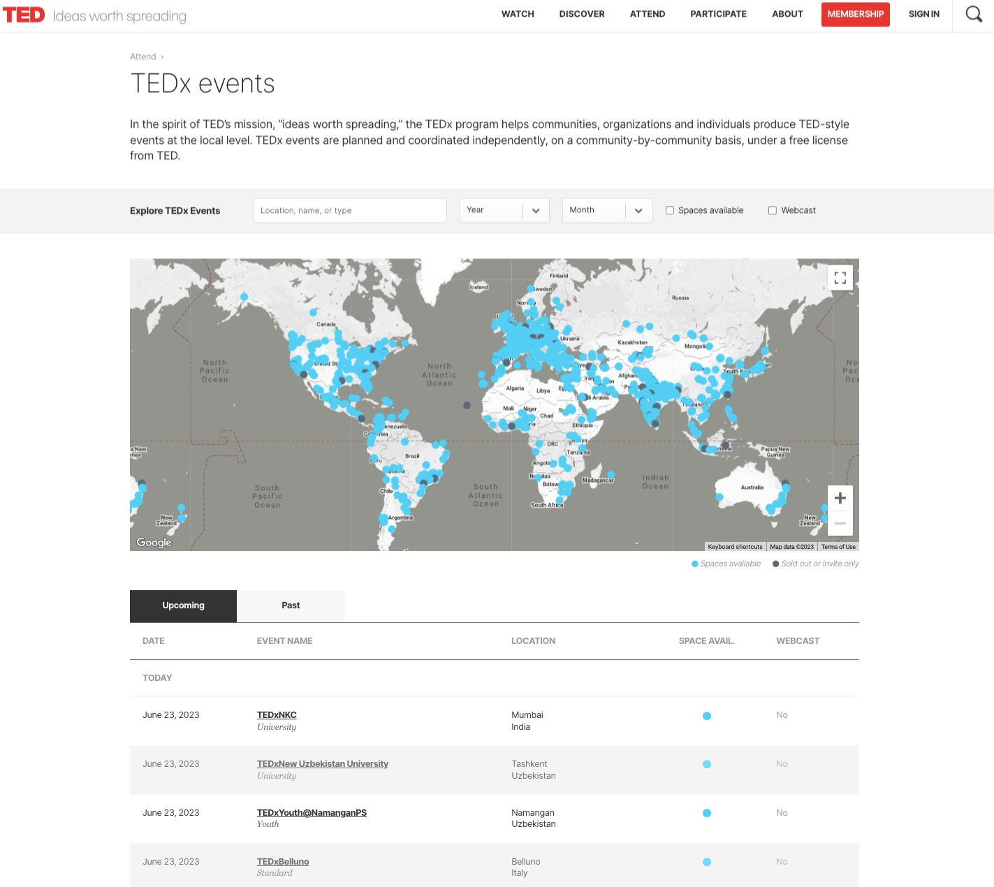 Sample event listings on the TED website.
