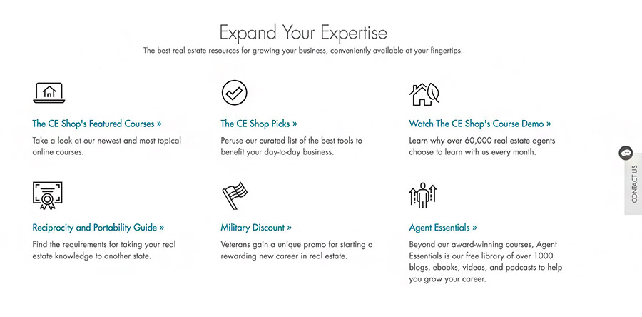 Six different features of The CE Shop described to help students see its advantages.