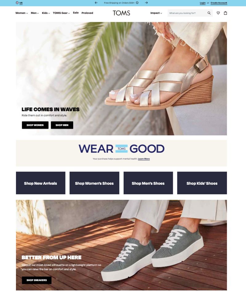 TOMS ecommerce home page with woman wearing sandals and man wearing sneakers