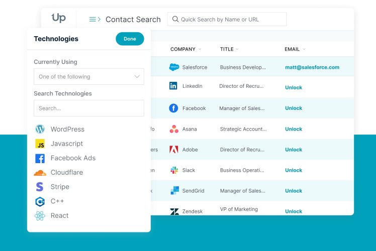 Searching for B2B contacts by technographic data in UpLead.