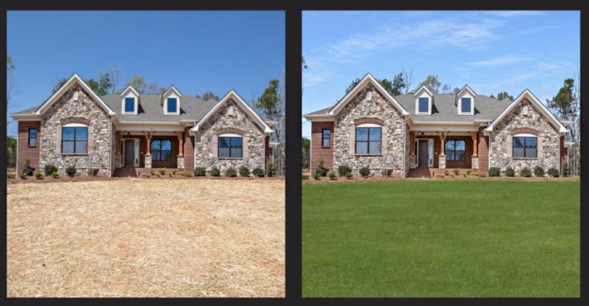 Virtually staged grass and sky of exterior image of property
