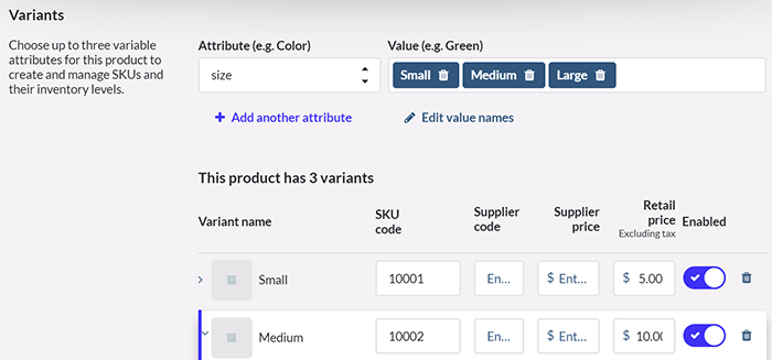Vend catalog page with product variants.